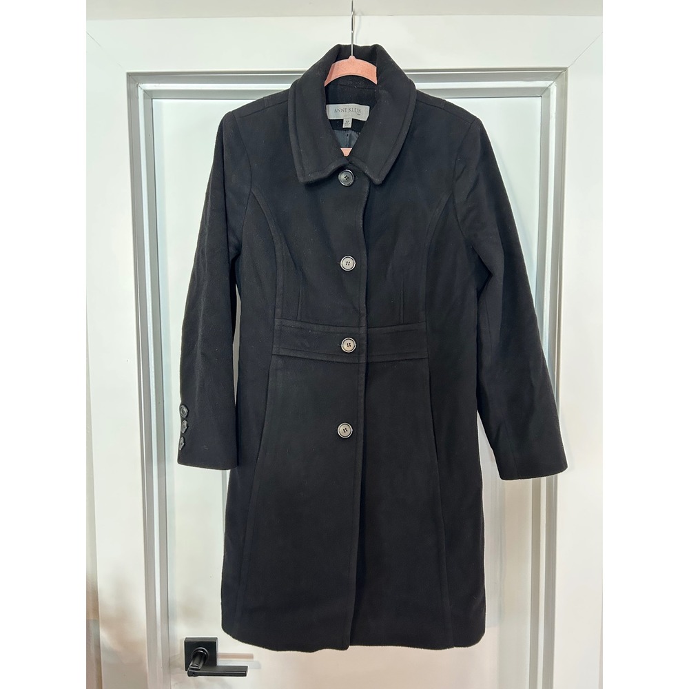 Anne Klein‎ Womens Black Wool Blend Coat Size 16P Preppy Button Front Trench